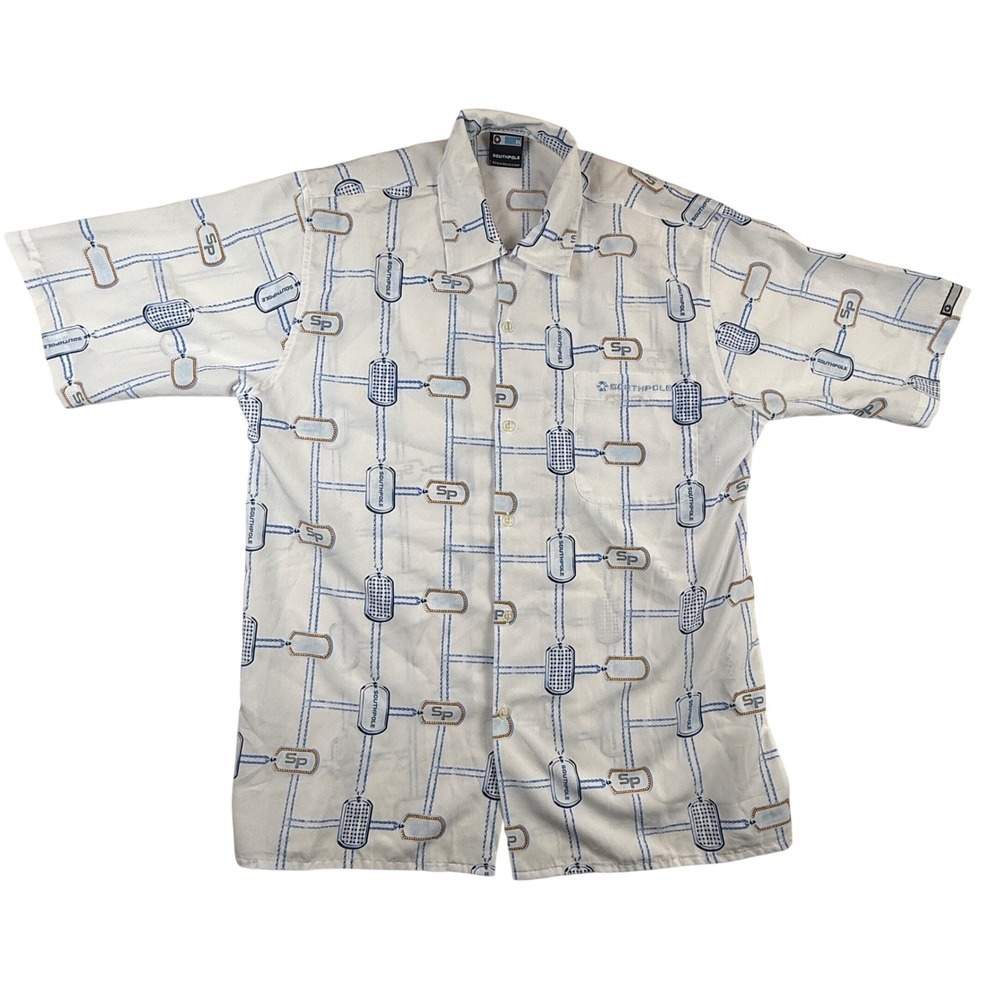 Southpole‎ Mens Button Down Shirt Size M White Dog Tag Chain Print Y2K Hip Hop